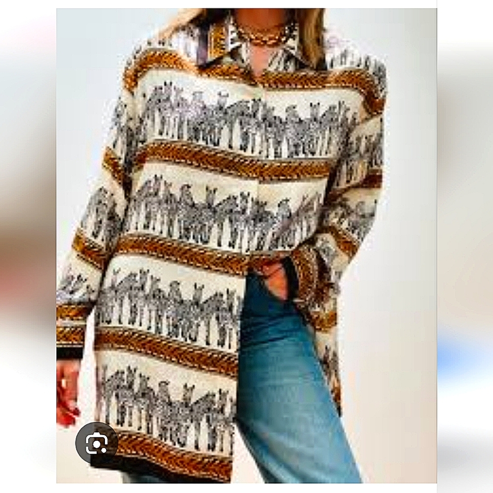 Jessica Holbrook 100% Silk Vintage Oversized Blouse Size M Safari Zebra Print